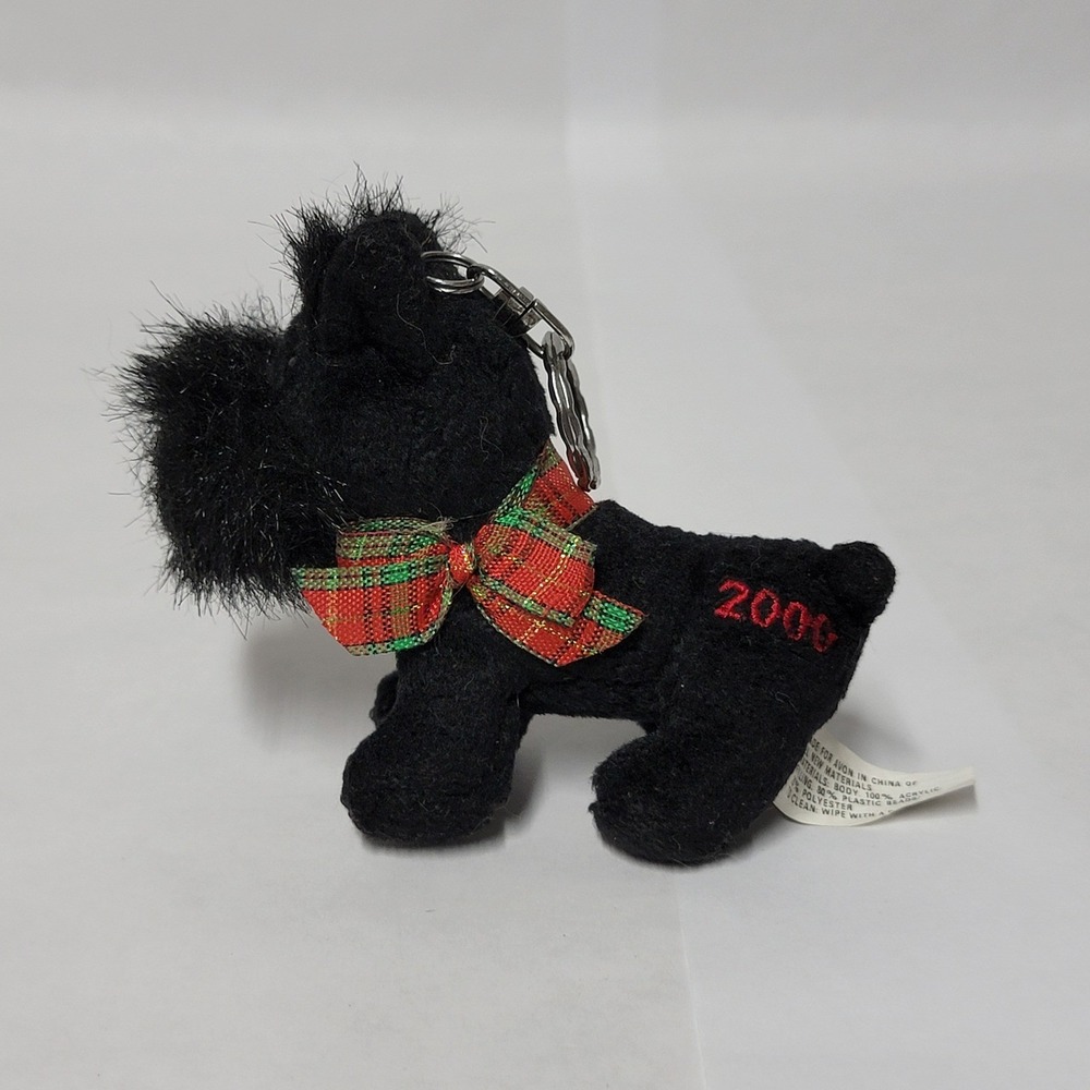 Avon 2000 Black Scottie Dog Keychain Charm Plush Tartan Bow‎ Holiday